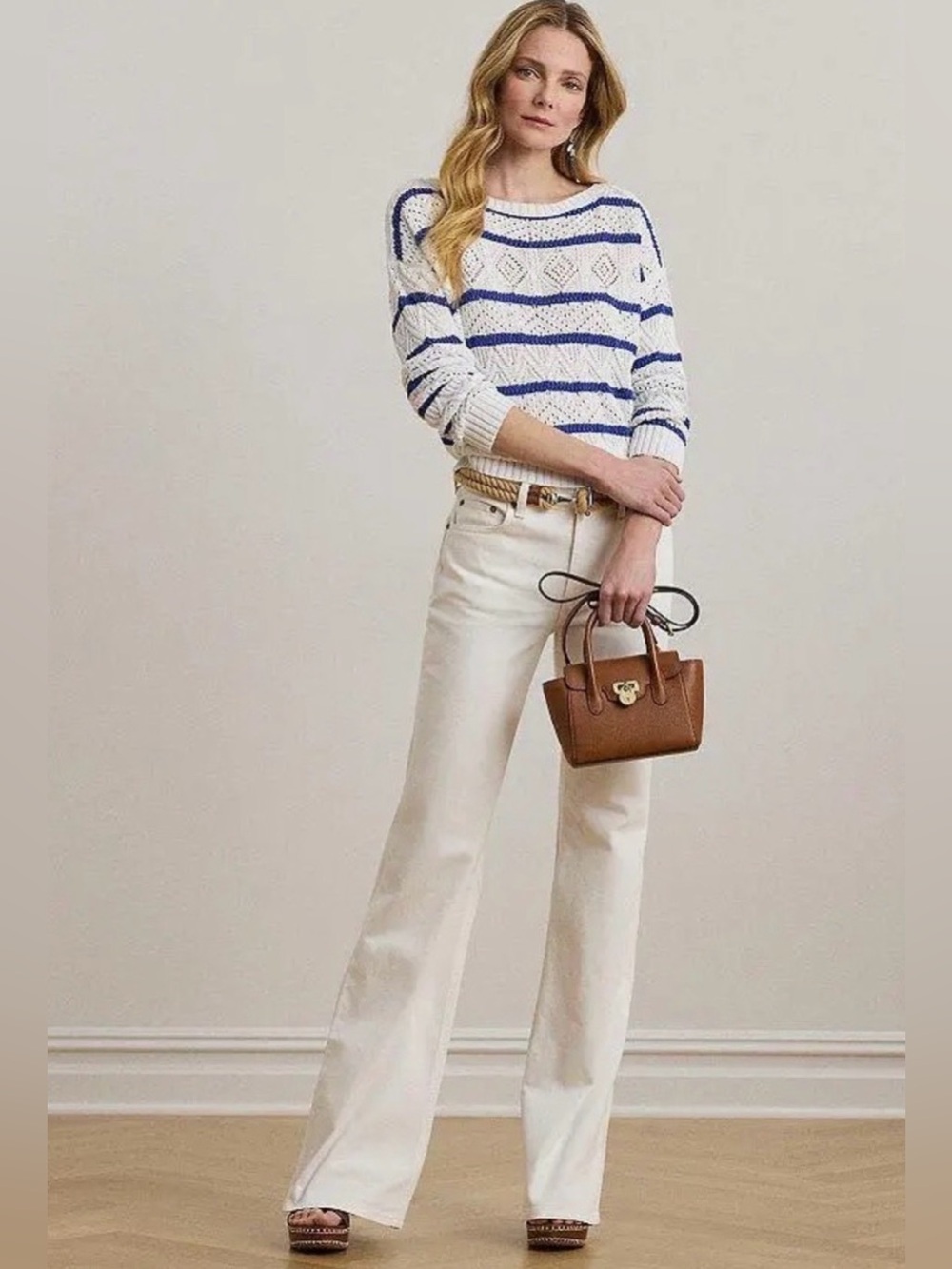 Lauren Ralph Lauren Open Knit Striped Sweater Women M White Blue Cotton Blend - Picture 2 of 6